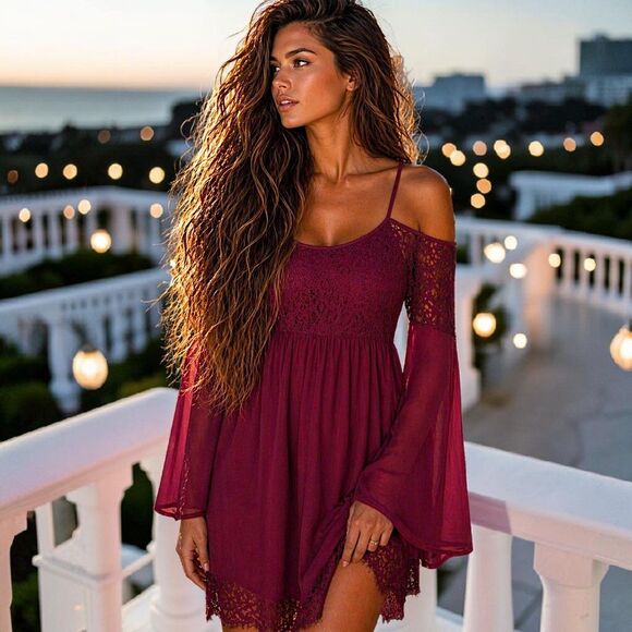 Altar'd State Dresses & Skirts - Altar'd State S Coquette Burgundy Lace Bell Sleeve Cold Shoulder Boho Midi Dress